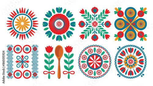 Floral rosette wreath collection, Polish wycinanki inspired, bright circles, tulip stems, birds, ribbon bows, fairground festival decorations, cultural spring vector