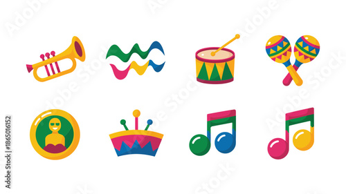 Carnival music icon set with trumpet streamers drum maracas gold coin tambourine and colorful musical notes for festive events