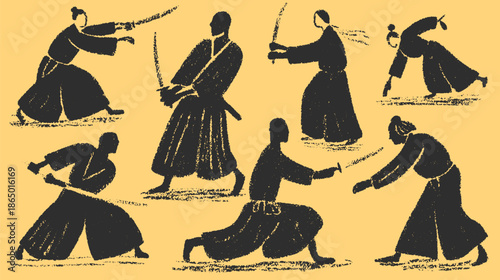 Kendo fighters in dynamic motion. Traditional martial art vector illustration featuring black silhouettes against a gold background.