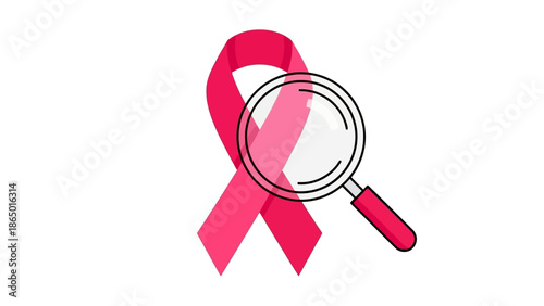 Illustration of a pink breast cancer awareness ribbon with a magnifying glass on a white background, symbolizing research and support.