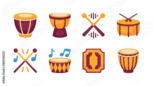 Percussion instrument collection, snare drum, conga, bongo, tom tom, sticks and notes, marching band parade, carnival music vector set