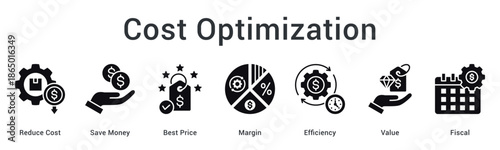 Cost optimization banner web icon featuring strategies for reducing expenses and maximizing profit margins efficiently.