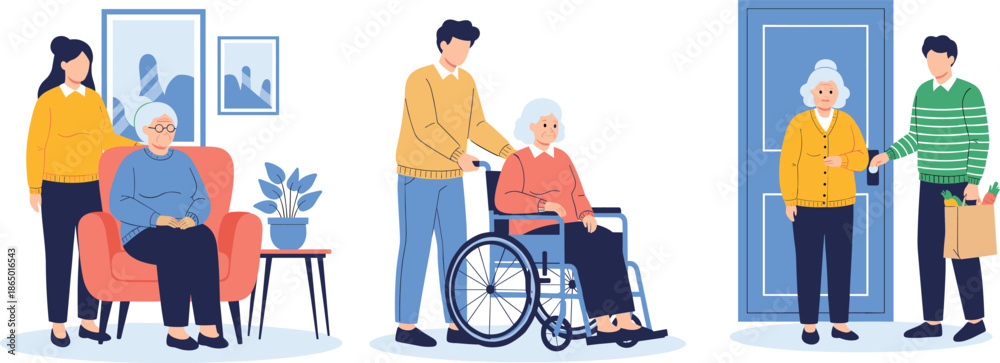 Εκτύπωση καμβά Elderly care and family support illustration set featuring caregivers assisting