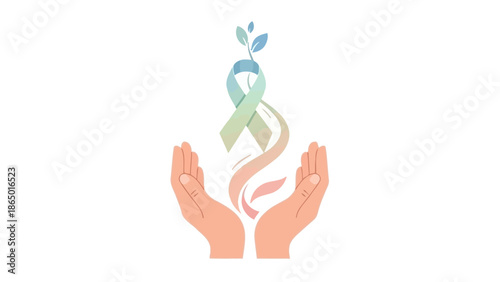 Flat design illustration of two hands cradling a green and blue ribbon with leaves on a white background.