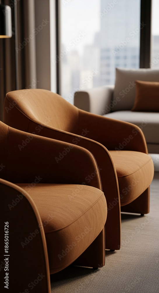 Obraz premium Close-up of two brown armchairs, showcasing smooth fabric texture in a modern interior setting, symbolizing comfort, relaxation, and contemporary design, ideal for home decor or lifestyle concepts