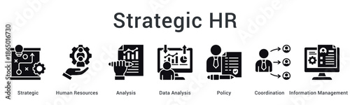 Strategic HR banner web icon integrating analysis and policy coordination with information management for workforce planning.