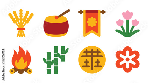 Lunar year festival icons, grain bundle, red drum, hanging banner, campfire flame, bamboo stalks, blossom flower, celebration elements, vector illustration