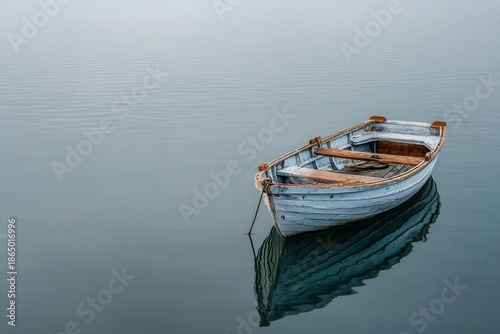 Serene Boat on Calm Water: A solitary rowboat floats peacefully on a tranquil lake, its reflection mirrored in the glassy surface of the water. The scene evokes a sense of calm and solitude.