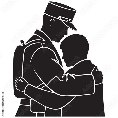 Soldier hugging young boy in black silhouette