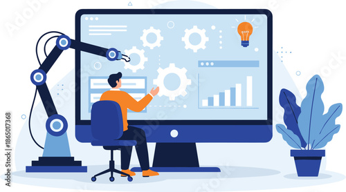 Artificial intelligence automation dashboard illustration featuring engineer controlling robotic arm data analytics gears and smart technology system