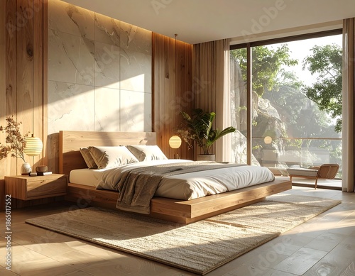 A serene bedroom with a large window offers a skyline view, featuring a minimalist bed, neutral furniture, and warm lighting in a modern apartment.