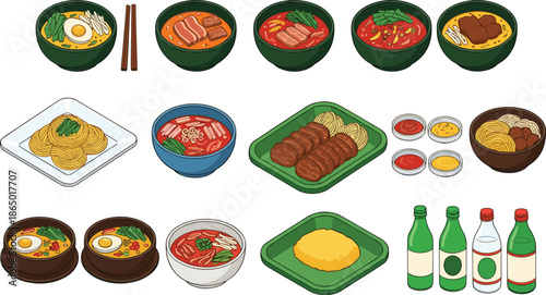Asian cuisine meal and food illustration set featuring traditional dishes bowls plates sauces and beverages collection