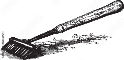 Garden rake tool illustration in black and white sketch style. This vector illustration depicts a handheld wooden rake for soil preparation in gardening.