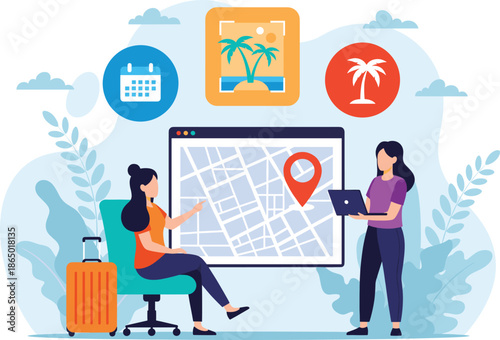 Travel planning and destination mapping illustration featuring women organizing trip itinerary location navigation and vacation booking concept