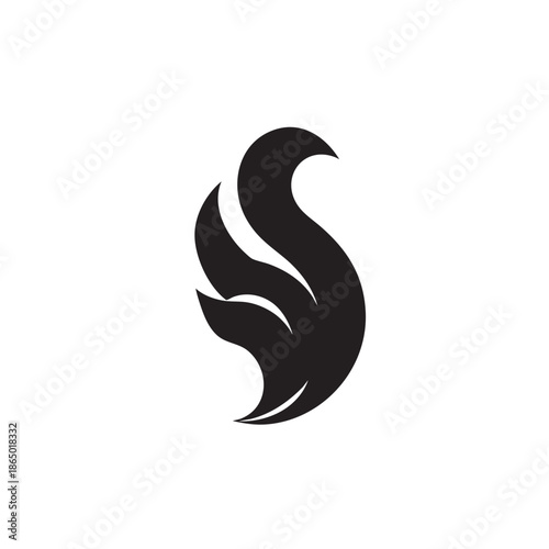 Stylized abstract black shape resembling flowing flames or plumes against a white background