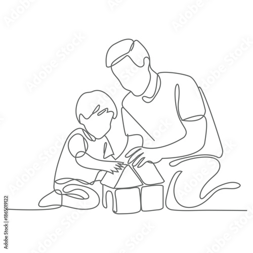 One continuous line drawing of a young, happy dad playing with his son, building a house from foam puzzle block toys at home. Family time parenting concept. Trendy one line drawing design.