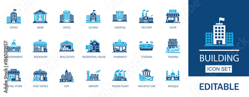 Building solid Icon Set. Features icons of office, hospital, mall, mosque, airport, factory, and more. Perfect for real estate, city maps, and UI design.