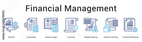 Financial management banner web icon covers accounting ledger invoicing budget planning and expense tracking comprehensively.