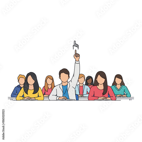 Diverse students in a classroom with one raising their hand.