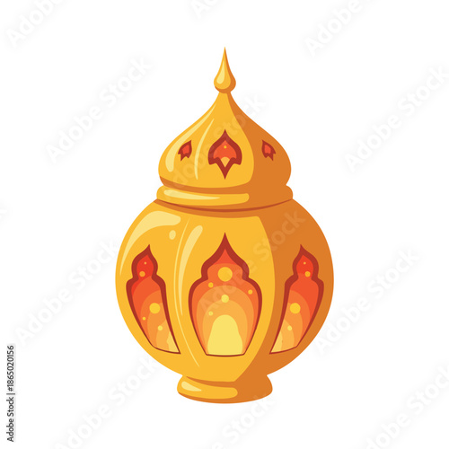 Flat, glamorous gold lantern with a pointed top, adorned with red gems, against a clean white background, conveying a sense of luxury during Ramadhan or ramadan celebrations.