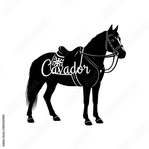 Elegant black horse with saddle and bridle in detailed vector illustration.