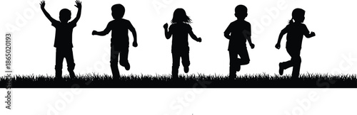 Silhouette of happy children running on grass field, group of kids playing outdoors, active childhood, summer fun, park, nature, joy.