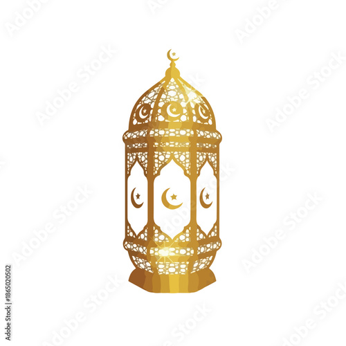 A gold lantern with a flat, glam design and crescent moon details on a white background, symbolizing Ramadhan or ramadan festivities with a warm, elegant glow.
