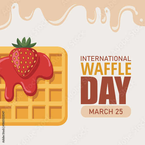 Horizontal funny banner template for International Waffle Day with cartoon waffle with strawberry jam and lettering. Minimalistic holiday concept for march 25 of for poster, background for web, media.