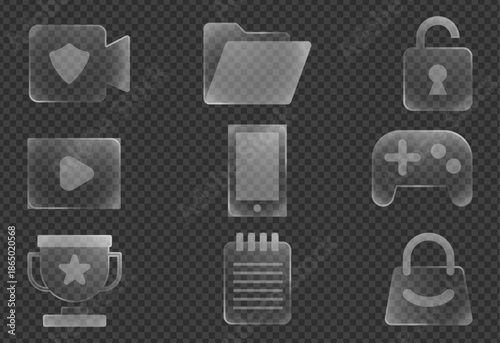 Glassmorphism Transparent Icons Set – Technology and Interface Elements
