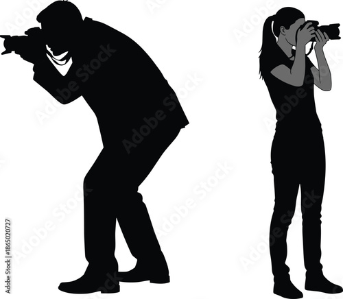 Silhouette of male and female professional photographers with cameras, photography equipment, press media, paparazzi, creative artists, digital content creators, media production.