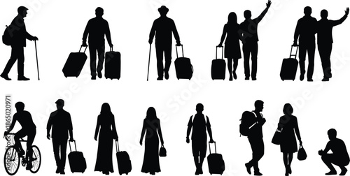 Travel people silhouettes set showing men and women walking with luggage backpacks bicycles and canes in various journey poses black vector illustrationTravel people silhouettes