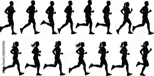 Running people silhouettes set showing men and women jogging exercising and training in dynamic motion poses black vector illustration collection