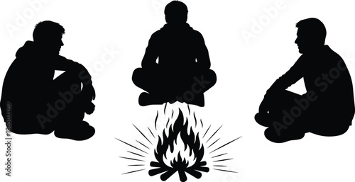 Silhouette of three friends sitting around a campfire at night, enjoying an outdoor camping trip, friendship, storytelling, and wilderness adventure bonfire