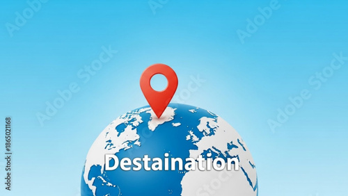 A blue and white globe with a red location pin on top for destaination and travel concepts