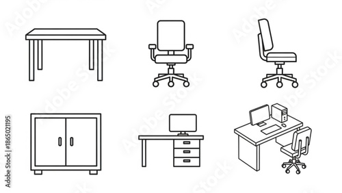 Office furniture icons including desk, chairs, cabinet, and workstation
