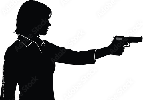 Silhouette of woman aiming handgun, female security agent, self defense concept, law enforcement officer, pistol shooting practice, private investigator, weapon.