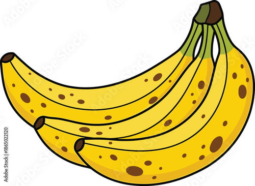 A bunch of ripe yellow bananas with brown spots on a white background