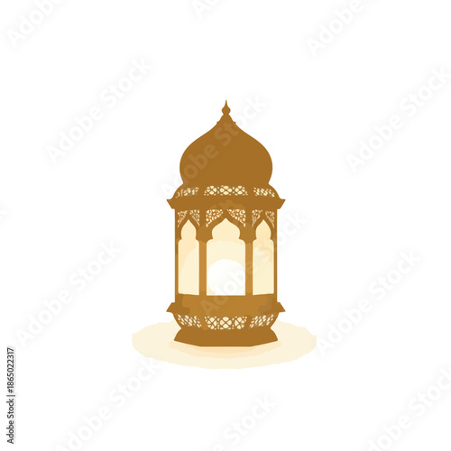 Flat, glamorous gold lantern with a domed top and intricate designs on a plain white background, evoking a sense of luxury during Ramadhan or ramadan celebrations.