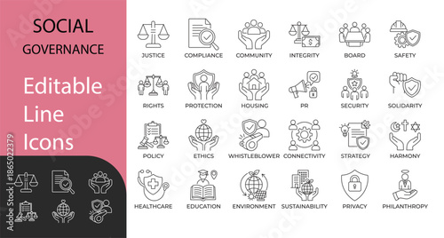 Social Governance Line Icon set. Contains symbols for Justice, Compliance, Ethics, and Sustainability. Line vector design for corporate responsibility and social policy workflow.
