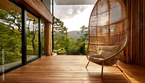 A serene lounge with a woven chair, wood surfaces, and greenery outside