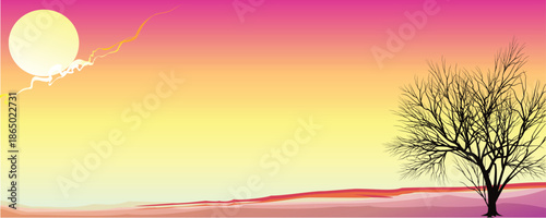 Vibrant sunset with sun tree and abstract ground colors purple pink yellow