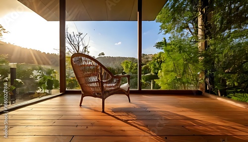 A serene outdoor patio with a wicker chair, large glass windows, and high-end furniture, surrounded by lush greenery and trees.