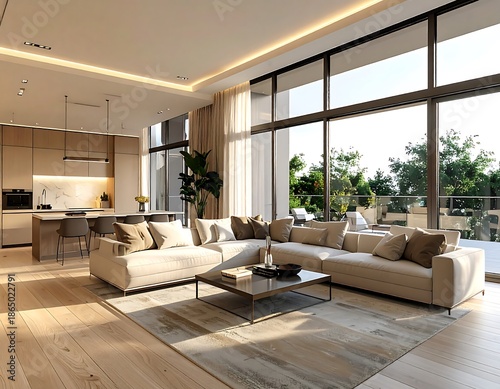 Luxurious modern living room with marble surfaces and golden accents seamlessly connects to a sleek kitchen through an open-plan design.