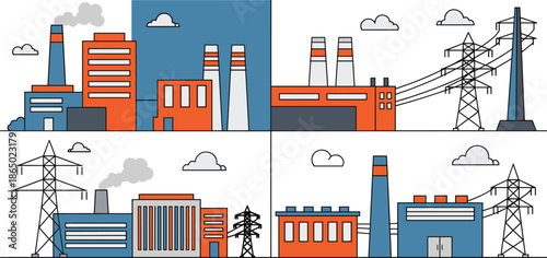 Power plant and electricity infrastructure illustration set featuring industrial factories transmission towers and energy generation facilities