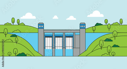Hydroelectric dam and water reservoir illustration featuring renewable energy infrastructure river control system and sustainable power generation landscape