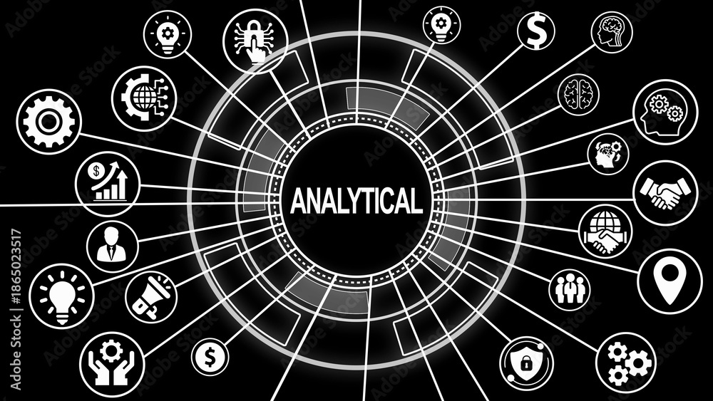 Fototapeta premium Central circle with ANALYTICAL text surrounded by radiating lines and business-related icons on a black background