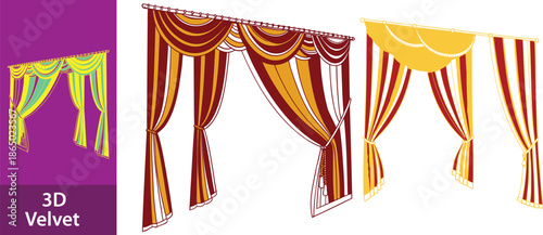 Realistic 3D Set of Red Velvet Theater Curtains Open and Closed Long and Short Top Borders Isolated on White Background