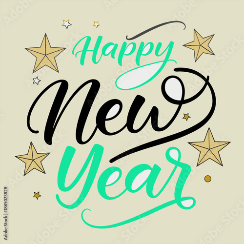 Elegant 'Happy New Year' calligraphy with shimmering golden stars on a light background, perfect for festive holiday greetings, celebration designs, and seasonal banners