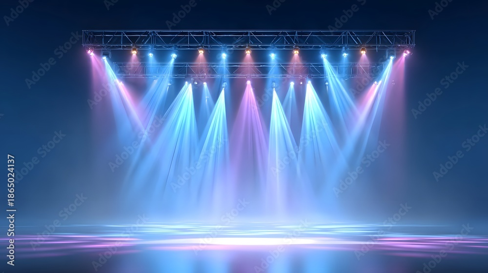 Fototapeta premium Dynamic stage lighting illuminates a smoky performance space with brilliant blue and pink spotlight beams creating an energetic atmosphere on a reflective floor