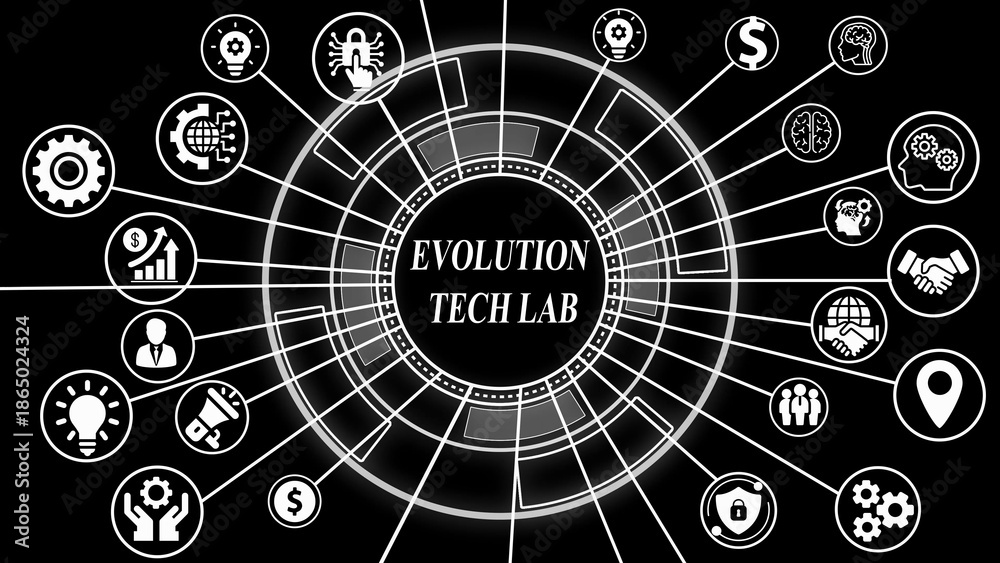 Fototapeta premium Evolution Tech Lab Concept with Central Text and Peripheral Business Icons technology innovation